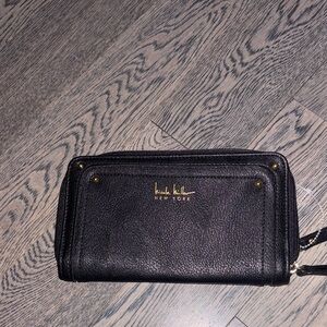 Nicole Miller Black Vegan Leather Zip-Around Wallet with Gold Hardware